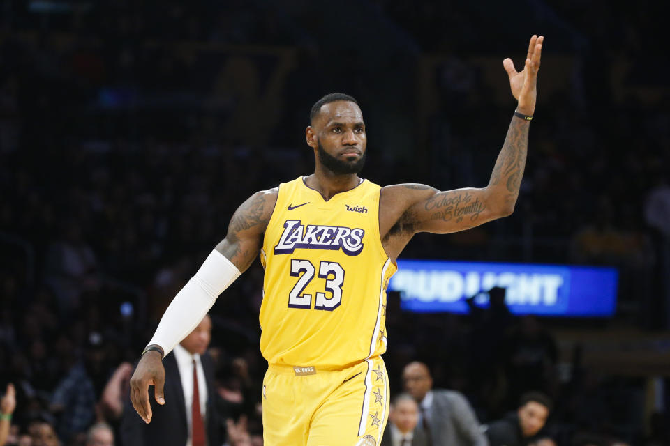 Los Angeles Lakers' LeBron James (23) reacts during an NBA basketball game between Los Angeles Lakers and Los Angeles Clippers, Wednesday, Dec. 25, 2019, in Los Angeles. The Clippers won 111-106. (AP Photo/Ringo H.W. Chiu)