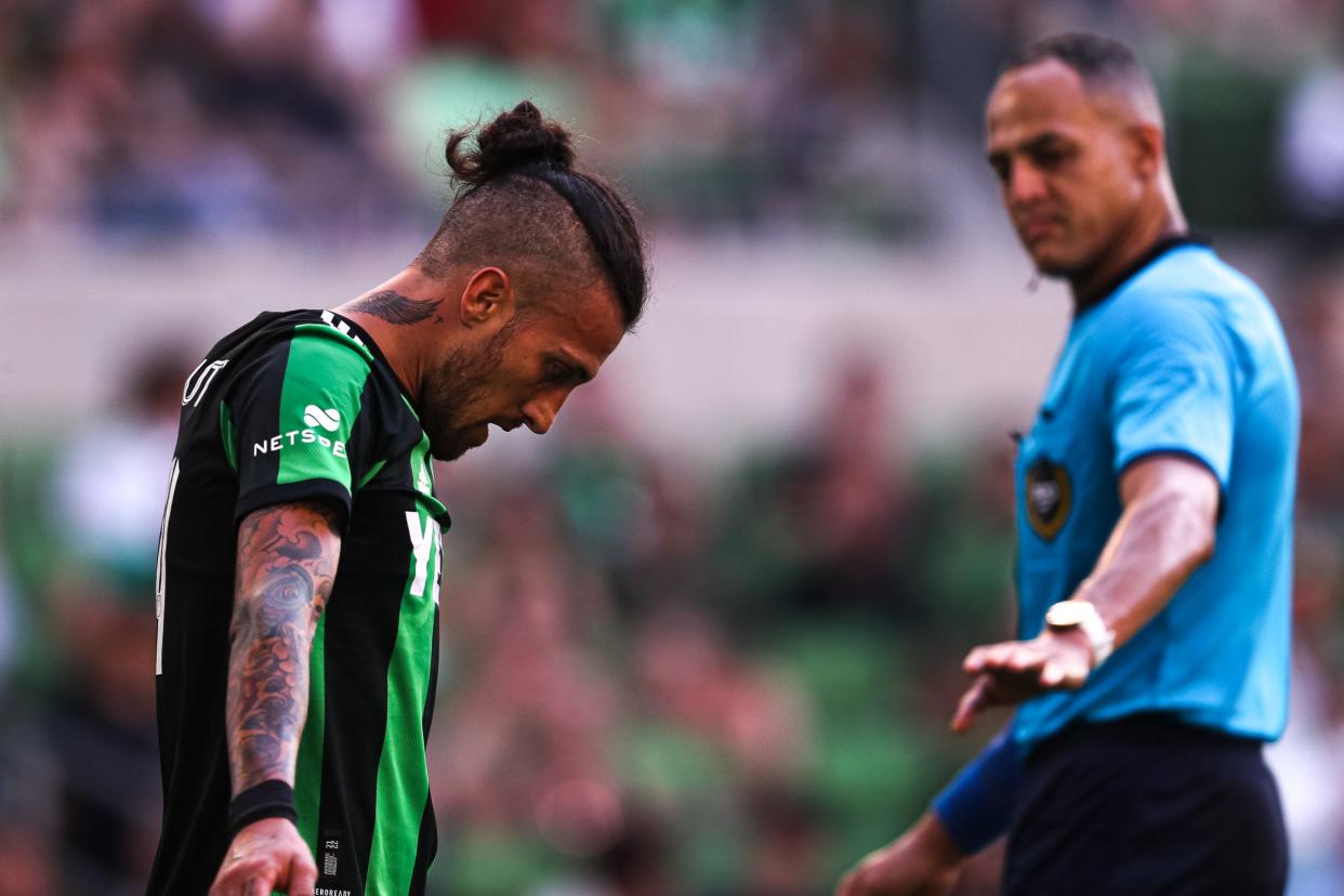 Austin FC forward Maxi Urruti bows his head after a missed shot during the team's 1-0 loss to the Los Angeles Galaxy at Q2 Stadium on May 8. The defeat is the only one suffered at home this season.