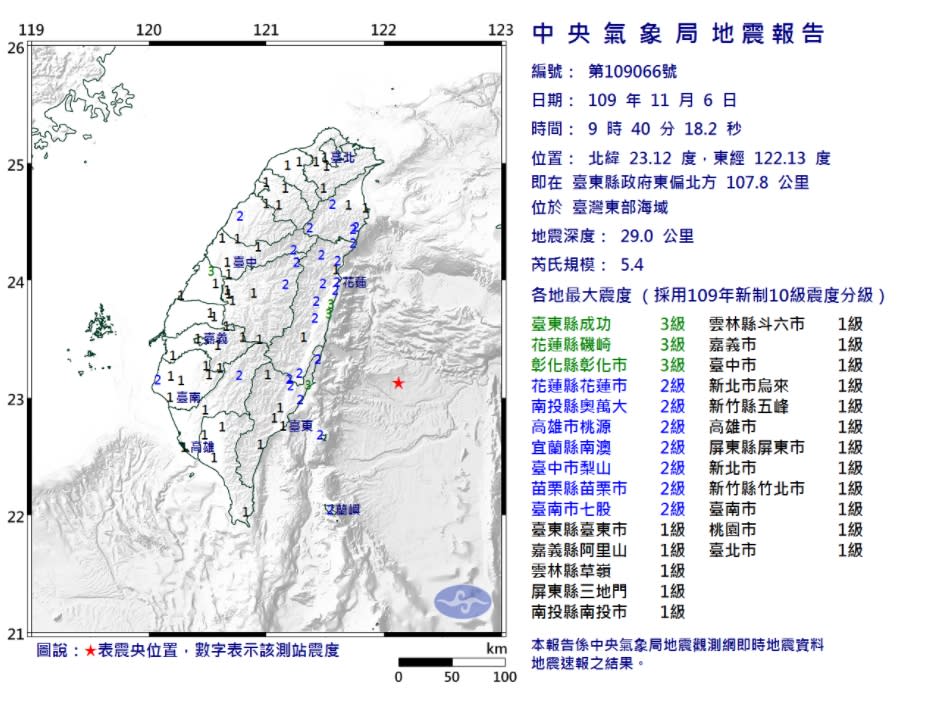 台灣東部海域規模5.4地震。(取自氣象局網站)