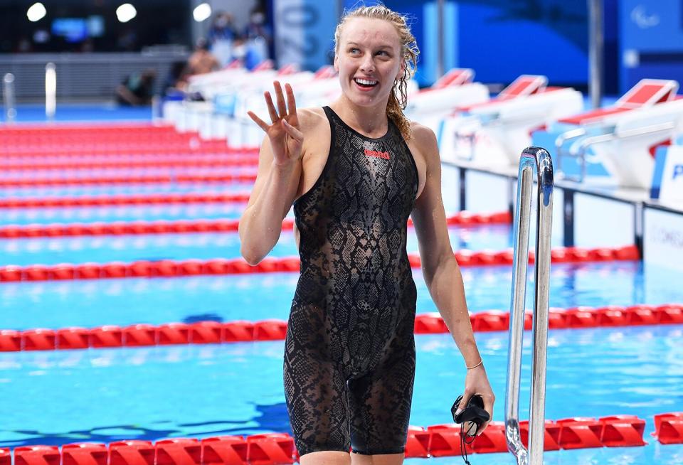 Jessica Long of USA after winning the Women's SM8 200 metre Individual Medley at the Tokyo Aquatic Centre on day four during the Tokyo 2020 Paralympic Games in Tokyo, Japan.