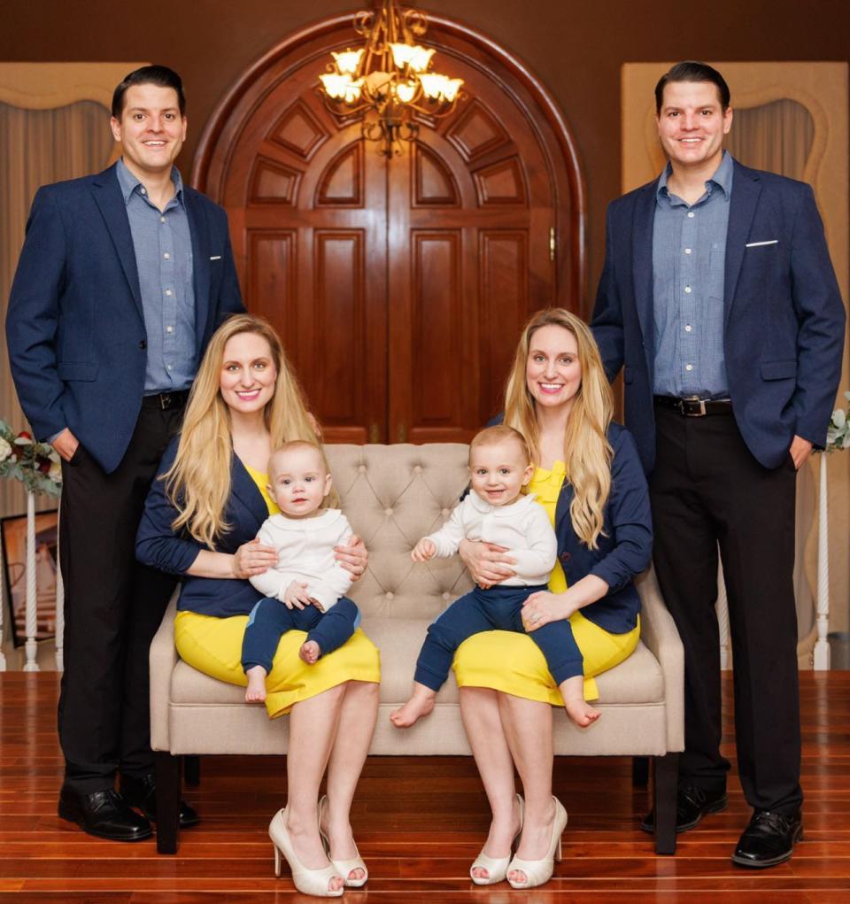 The Salyers twins, Josh, Jeremy, Brittany, Briana pose with their children, Jax and Jett. The family live together in Virginia.