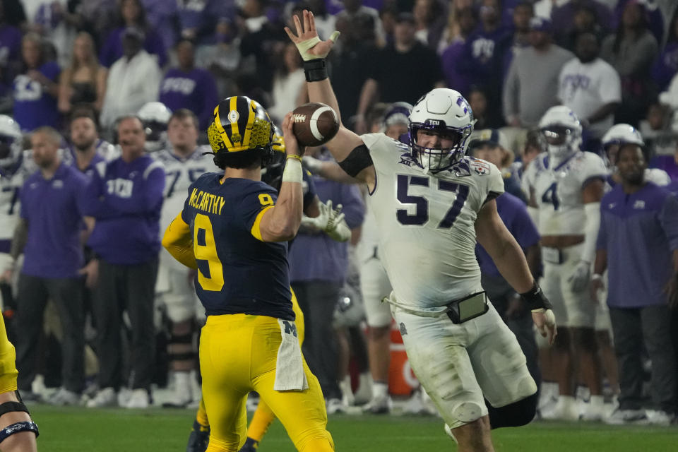 Johnny Hodges is TCU's leading tackler in his first season with the Horned Frogs after transferring from Navy and should play a key role in Monday's national championship game vs. Georgia. (AP Photo/Rick Scuteri)