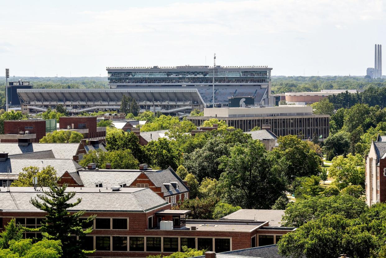 A view of the Michigan State University campus from the rooftop at the Hub on Campus student apartment building on Thursday, Aug. 29, 2019, in East Lansing.