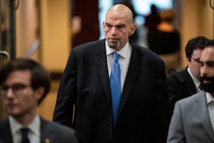 Sen. John Fetterman departs a briefing at the US Capitol on Feb. 14, 2023, in Washington, DC. 