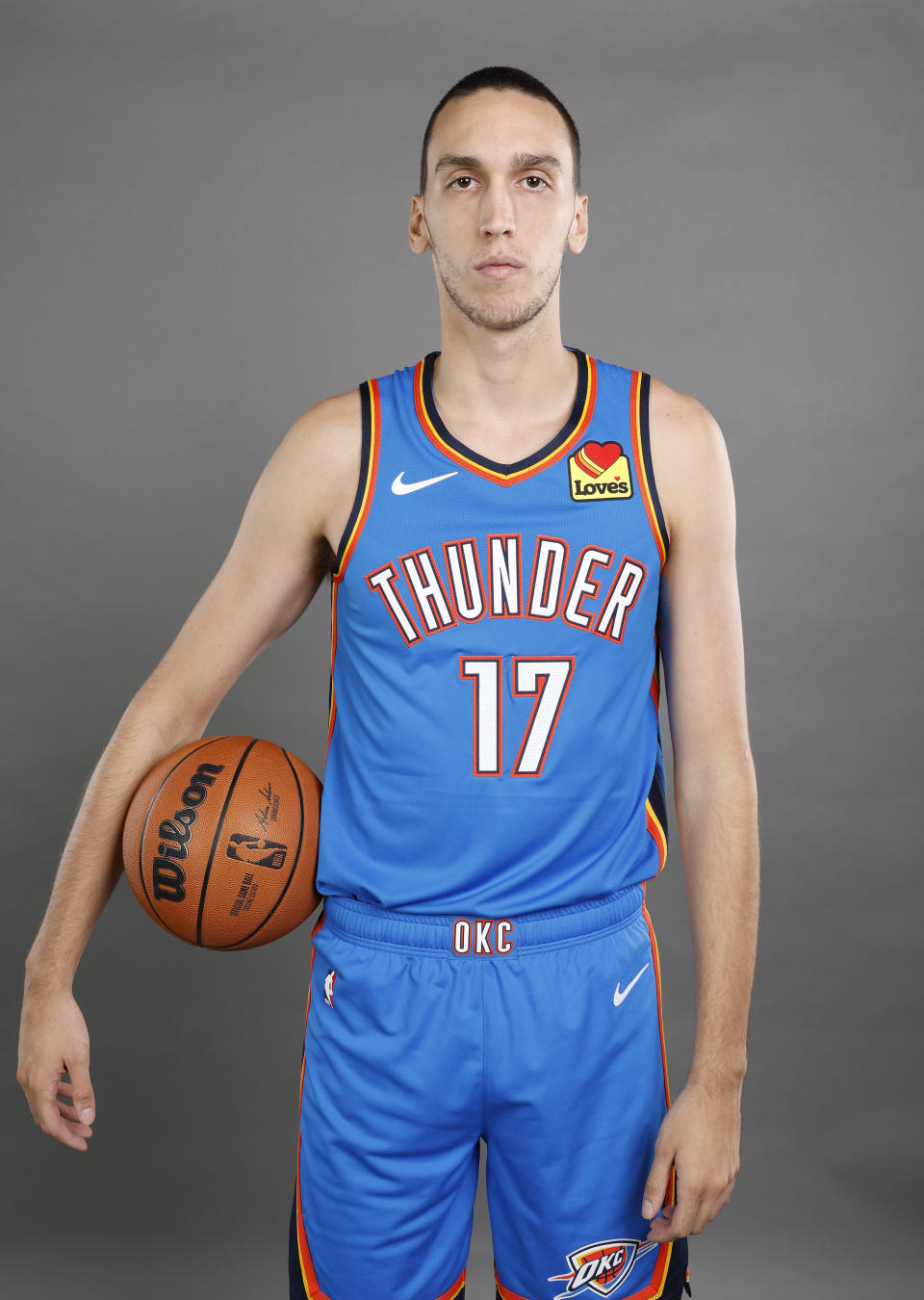 Oct 2, 2023; Oklahoma City, OK, USA; Oklahoma City Thunder forward Aleksej Pokusevski (17) poses for a photo during media day at Oklahoma City Convention Center. Mandatory Credit: Alonzo Adams-USA TODAY Sports