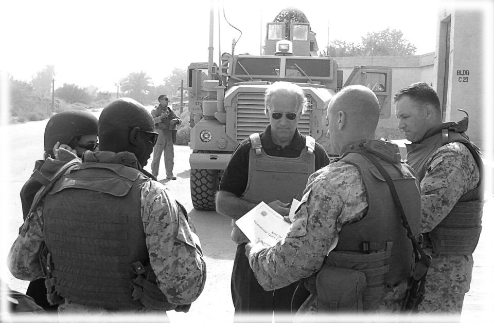 Sen. Joe Biden talks with soldiers in Ramadi, Iraq in 2007. (Photo: Courtesy of Senator Biden's office/Reuters; digitally enhanced by Yahoo News)
