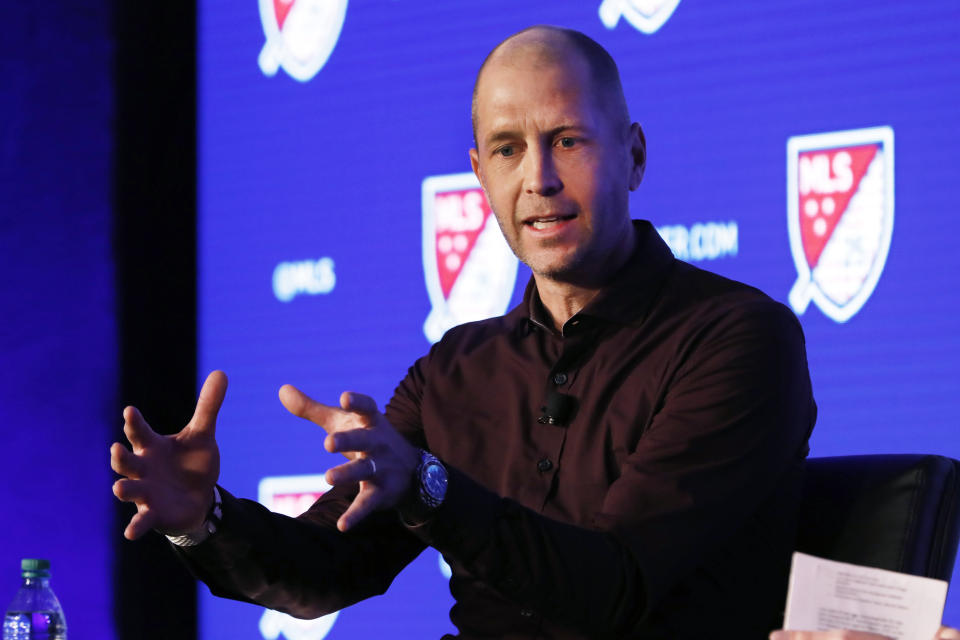 U.S. Men's National Team head coach Gregg Berhalter speaks during the Major League Soccer 25th Season kickoff event in New York, Wednesday, Feb. 26, 2020. (AP Photo/Richard Drew)