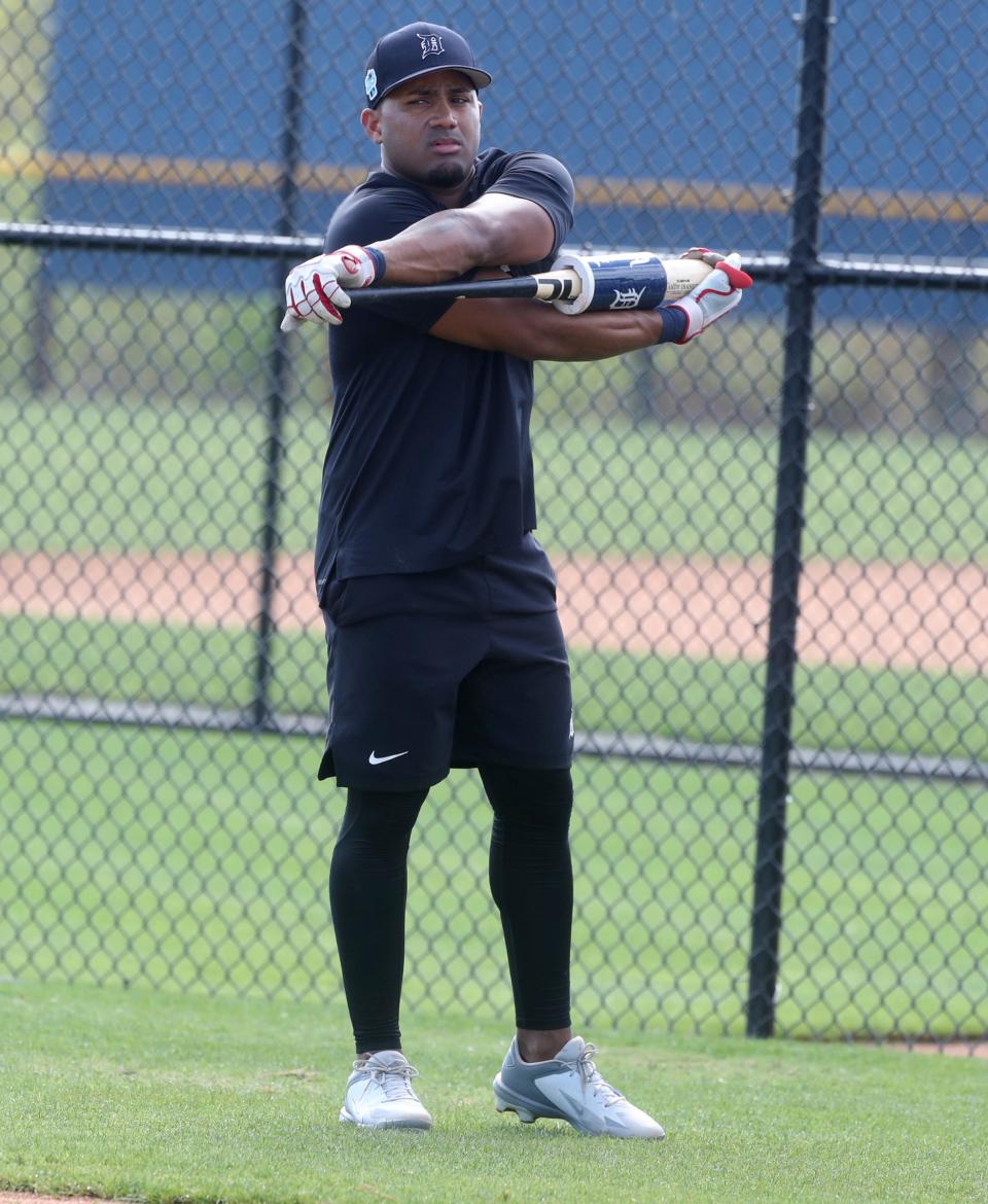 Tigers Infielder Andy Ibanez gets loose before taking batting practice during spring training on Thursday, Feb.  16, 2023, in Lakeland, Florida.