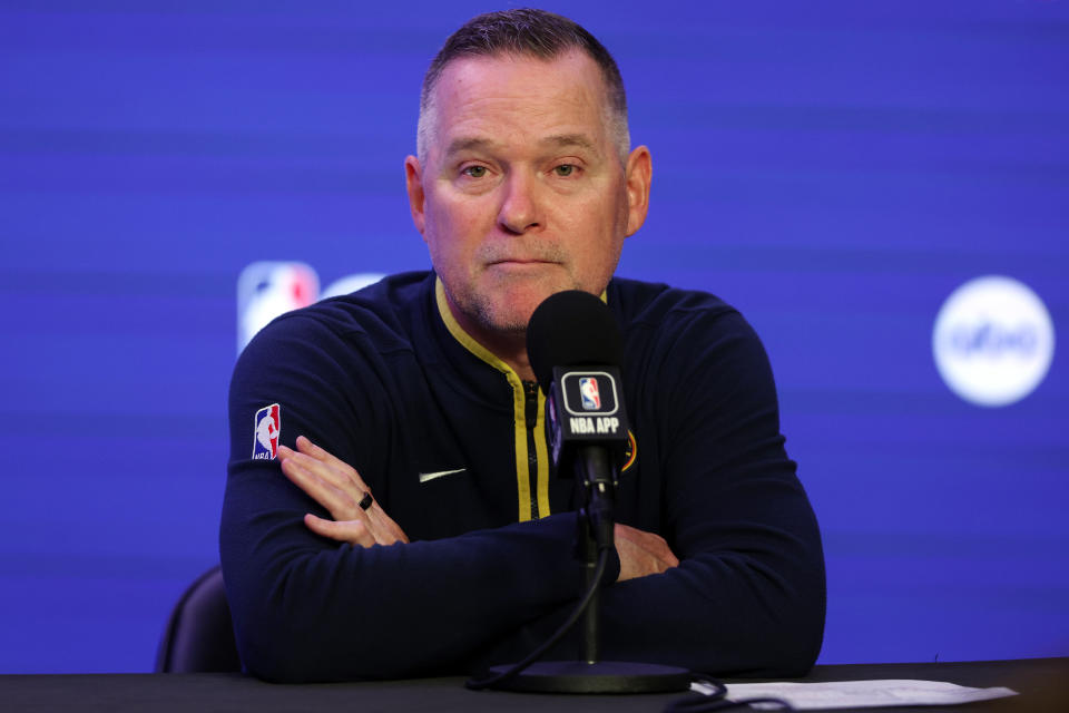DENVER, COLORADO - JUNE 01: Head coach Michael Malone of the Denver Nuggets speaks with media after a 104-93 victory against the Miami Heat in Game One of the 2023 NBA Finals at Ball Arena on June 01, 2023 in Denver, Colorado. NOTE TO USER: User expressly acknowledges and agrees that, by downloading and or using this photograph, User is consenting to the terms and conditions of the Getty Images License Agreement. (Photo by Matthew Stockman/Getty Images)