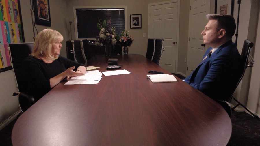 <em>Attorney Lisa Rasmussen speaks with 8 News Now Investigator David Charns on April 16, 2024. (KLAS)</em>