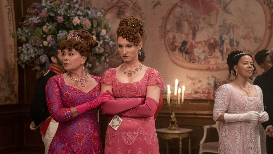 (L to R) Polly Walker as Lady Portia Featherington, Bessie Carter as Prudence Featherington in episode 204. - Credit: Courtesy of Liam Daniel/Netflix