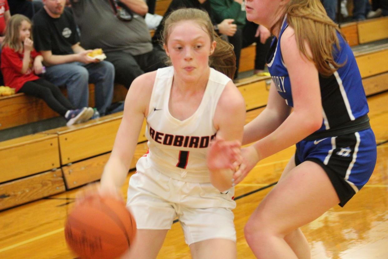 Loudonville's Mya Vermilya drives around a Danbury defender.