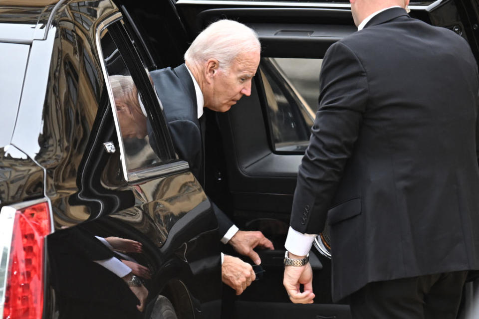 U.S. President Joe Biden arrives at Westminster Abbey in London on September 19, 2022, for the State Funeral Service for Britain's Queen Elizabeth II<span class="copyright">OLI SCARFF/AFP via Getty Images</span>