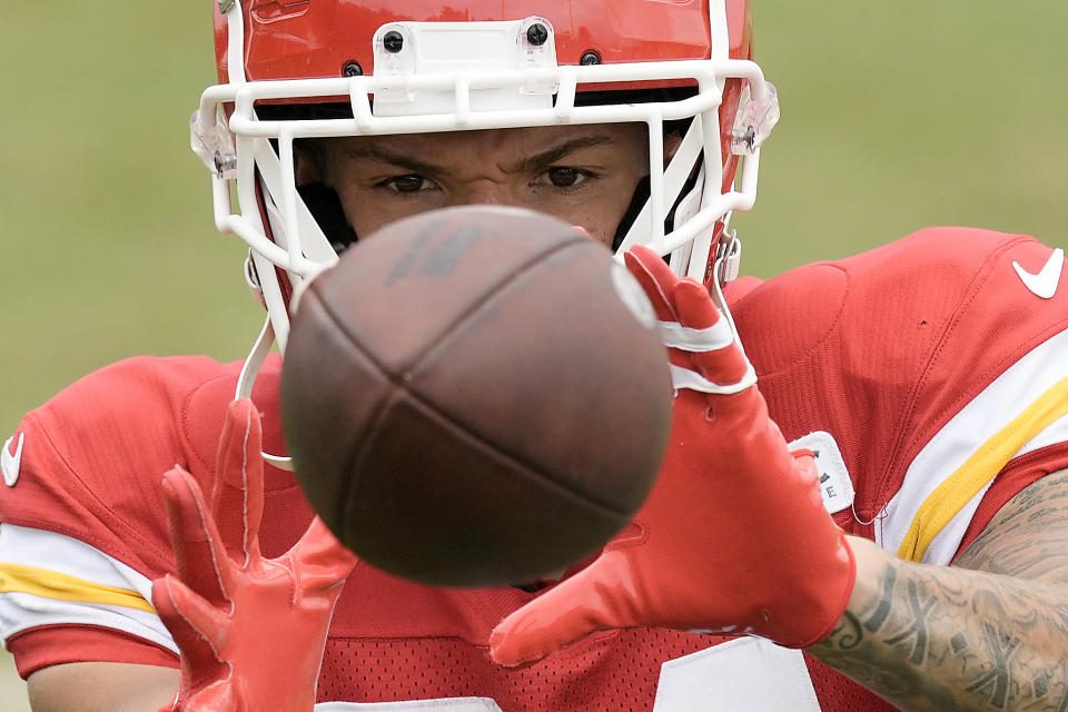 Kansas City Chiefs wide receiver Skyy Moore catches a ball during NFL football training camp Friday, Aug. 4, 2023, in St. Joseph, Mo. (AP Photo/Charlie Riedel)