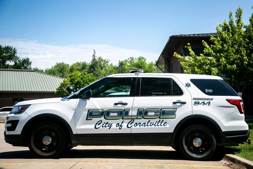 A Coralville Police Department Ford Police Interceptor vehicle is seen, Tuesday, July 5, 2022, in Coralville, Iowa. 