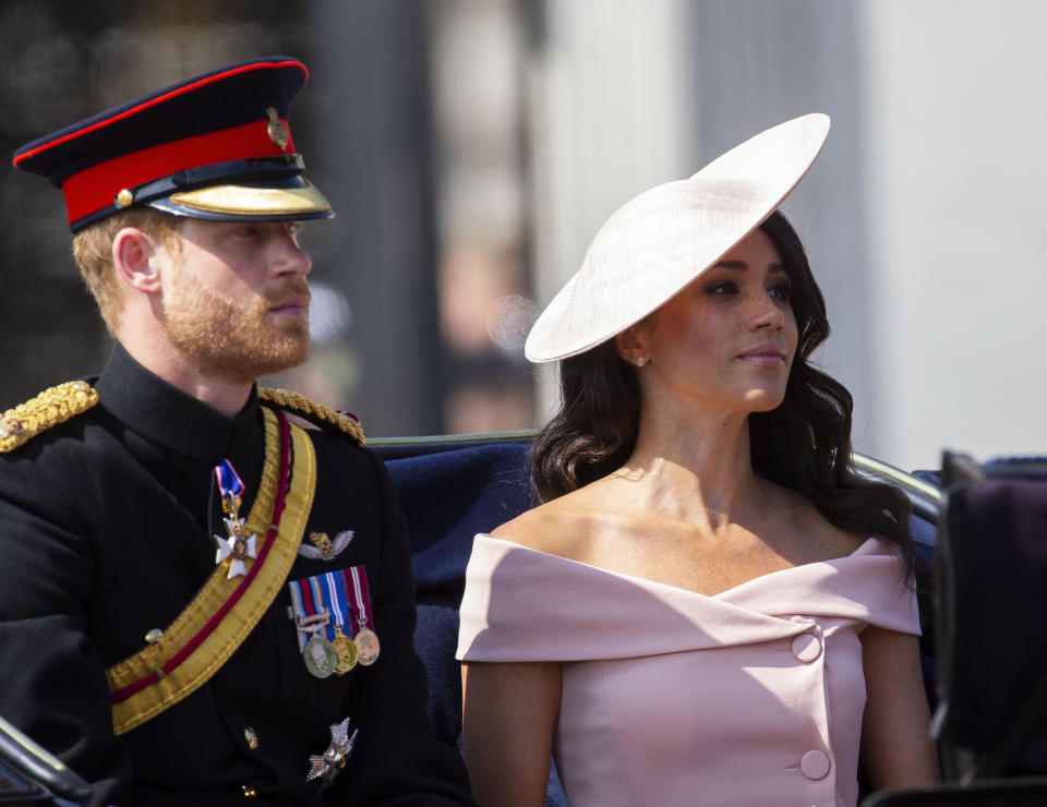 January 20th 2020 - Buckingham Palace has announced that Prince Harry and Duchess Meghan will no longer use "royal highness" titles and will not receive public money for their royal duties. Additionally, as part of the terms of surrendering their royal responsibilities, Harry and Meghan will repay the $3.1 million cost of taxpayers' money that was spent renovating Frogmore Cottage - their home near Windsor Castle. - January 9th 2020 - Prince Harry The Duke of Sussex and Duchess Meghan of Sussex intend to step back their duties and responsibilities as senior members of the British Royal Family. - File Photo by: zz/KGC-107/STAR MAX/IPx 2018 6/9/18 Prince Harry The Duke of Sussex, The Duchess of Sussex and members of The Royal Family at the Trooping The Colour ceremonies as The Queen marks her official birthday - including an inspection of the troops from the Household Division, the Horseguards Parade March in Whitehall and watching a fly-past from the balcony at Buckingham Palace. (London, England, UK)