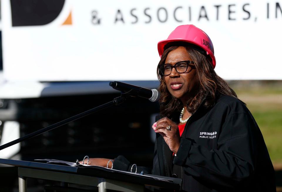 Superintendent Grnita Lathan spoke during a groundbreaking ceremony for the new Reed Academy of Fine and Performing Arts.