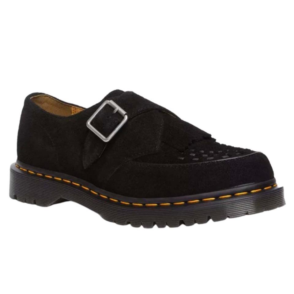 black suede loafer shoe with silver buckle and rubber sole