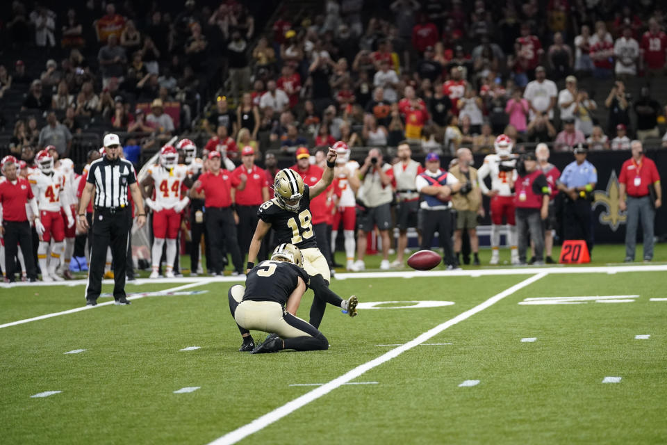 New Orleans Saints place-kicker Blake Grupe (19) kicks a game winning field goal in the second half of a preseason NFL football game against the Kansas City Chiefs in New Orleans, Sunday, Aug. 13, 2023. (AP Photo/Gerald Herbert)