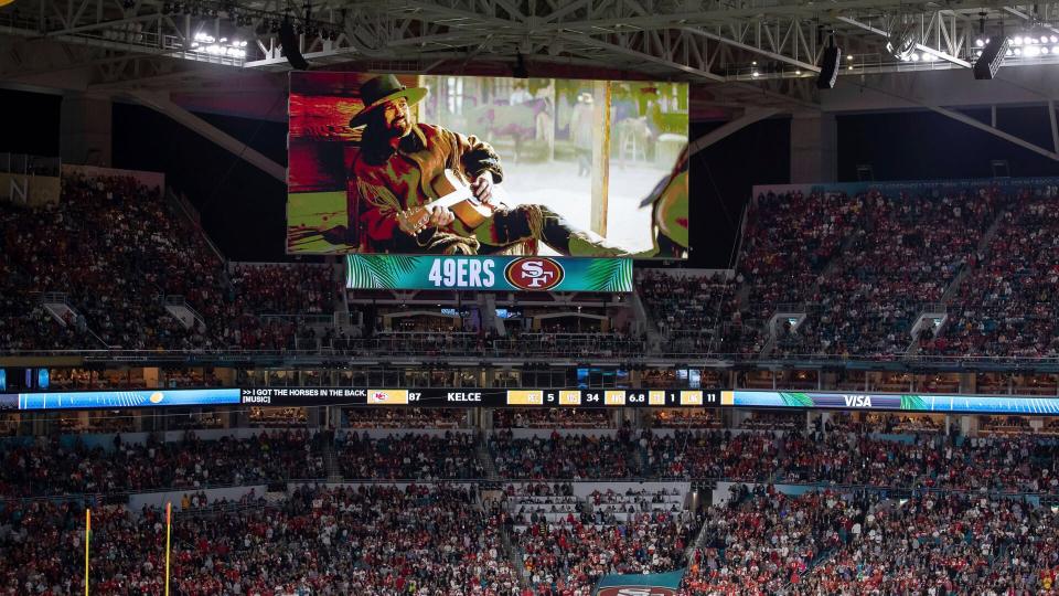 Ad banners during the NFL Super Bowl 54 football game between the San Francisco 49ers and Kansas City Chiefs, in Miami Gardens, Fla.