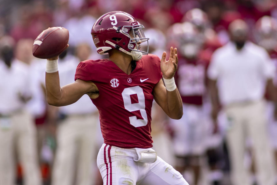 Alabama quarterback Bryce Young (9) throws during the second half of an NCAA college football game against Mercer, Saturday, Sept. 11, 2021, in Tuscaloosa, Ala. (AP Photo/Vasha Hunt)