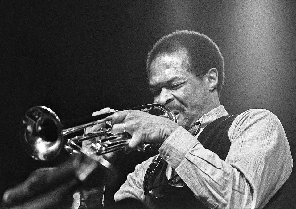 In this 1986 photo, provided by Mark Miller, jazz trumpeter Woody Shaw performs at the Festival International de Jazz de Montrèal. A forgotten studio recording of the late musician Shaw was released Sept. 11, 2020, on digital, as part of the latest effort to preserve jazz history. Vancouver, Canada-based Cellar Music Group's imprint Reel to Real and New York distributor La Reserve Records made available "49th Parallel," a 1987 recording led by Canadian bassist Neil Swainson that features Shaw and tenor saxophonist Joe Henderson. (Mark Miller via AP)