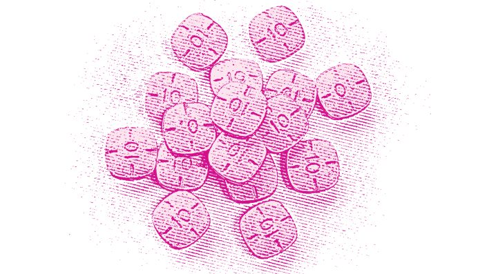 An illustration of Adderall pills in pink.