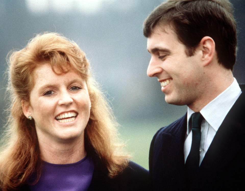 Sarah Ferguson and Prince Andrew on their official engagement day at Buckingham Palace in 1986. (Photo: Getty Images)