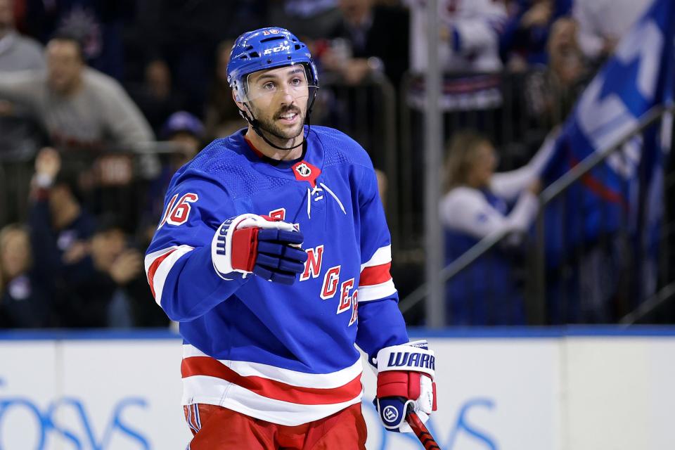 New York Rangers center Vincent Trocheck reacts after scoring against the Detroit Red Wings in the second period of an NHL hockey game Tuesday, Nov. 7, 2023, in New York. The Rangers won 5-3.