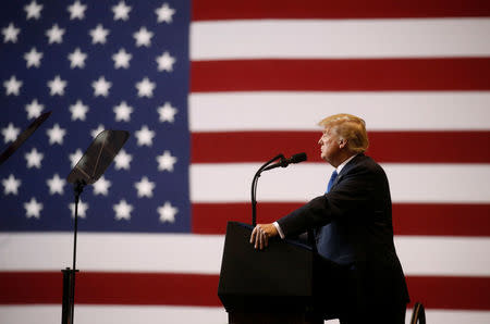 U.S. President Donald Trump speaks during campaign rally at Mohegan Sun Arena in Wilkes-Barre, Pennsylvania, U.S., August 2, 2018. REUTERS/Leah Millis