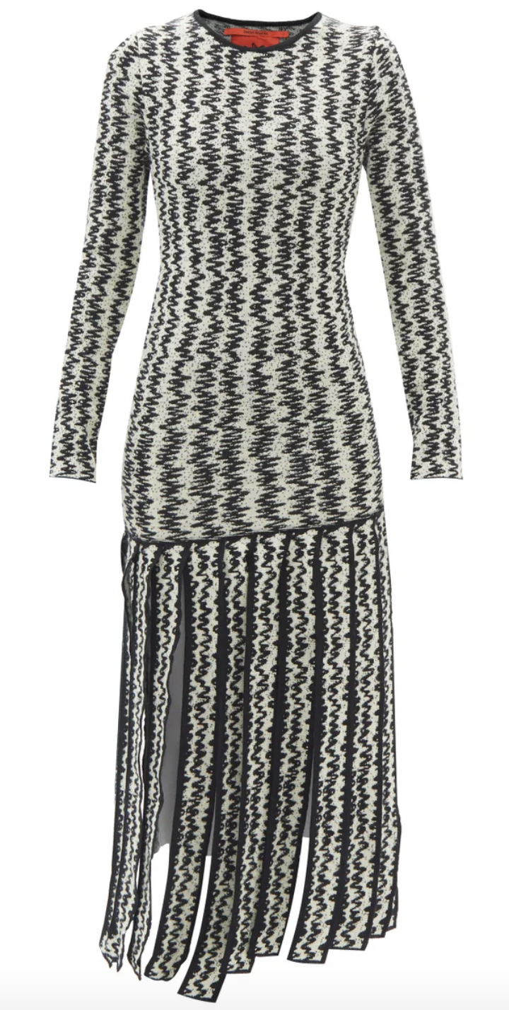 Zigzag-Jacquard Tassel-Hem Wool Dress