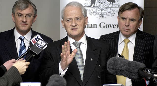 Attorney General Philip Ruddock is flanked by Westfield managing director Steven Lowy (left) and National Bank CEO John Stewart during a press conference after the Business-Government advisory group meeting on national security in Canberra, Wednesday, July 18,  2007. Photo: AAP