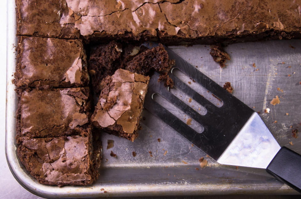 Brownies in a pan, ready to be served.