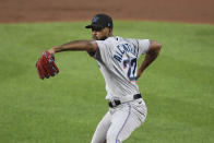 Miami Marlins starting pitcher Sandy Alcantara (22) throws during the fifth inning of the team's baseball game against the Baltimore Orioles on Tuesday, July 27, 2021, in Baltimore. (AP Photo/Terrance Williams)