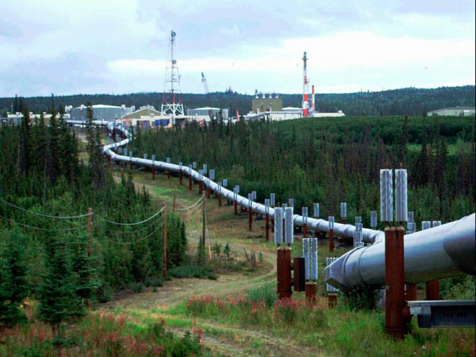 Trans-Alaska pipeline and pump station north of Fairbanks, Alaska in 2019.