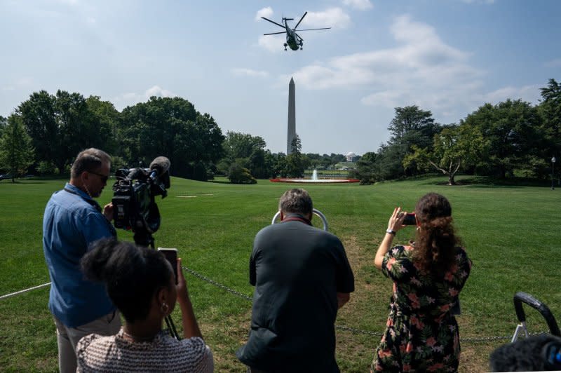 President Joe Biden departs from the South Lawn of the White House aboard Maine One on Friday, on his way to Maine to tout his so-called Bidenomics initiatives. Photo by Nathan Howard/UPI