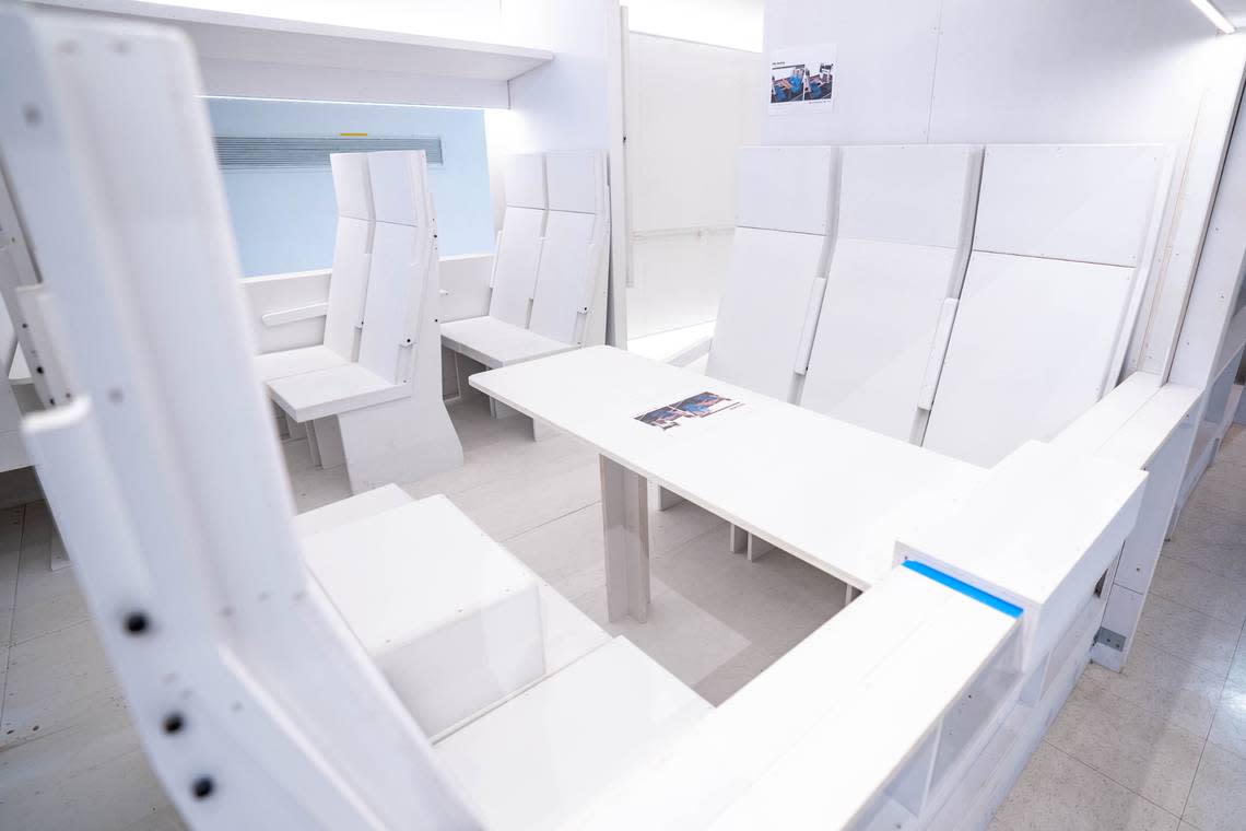 The California High-Speed Rail Authority’s new train interior mock-up has examples of comfort seating on Tuesday at Cal Expo in Sacramento. Cameron Clark/cclark@sacbee.com