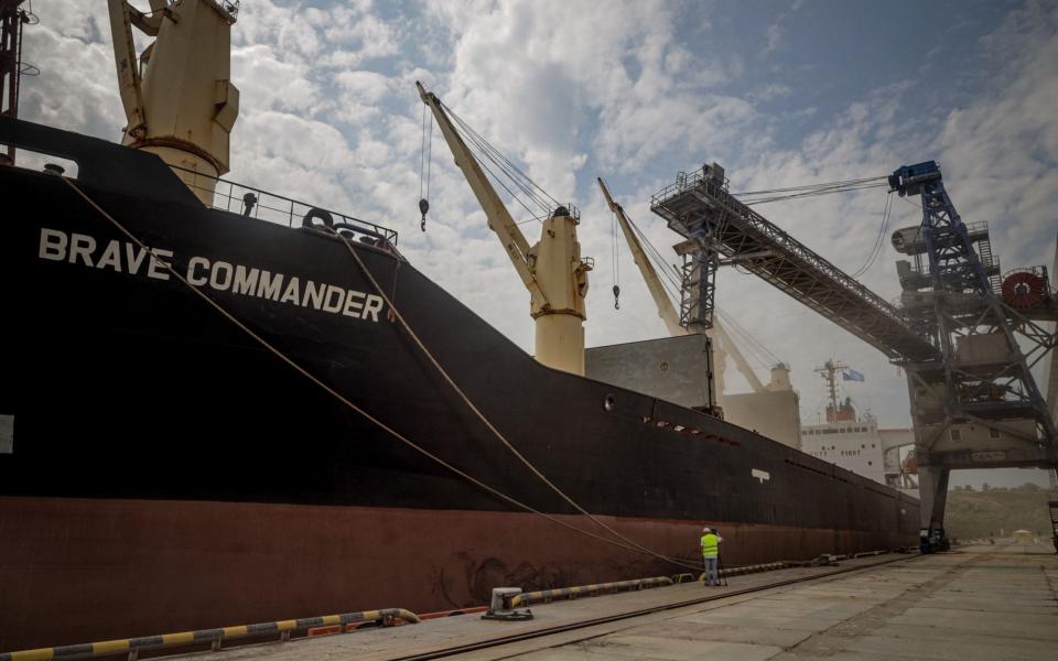 The first UN-chartered vessel Brave Commander loads more than 23,000 tonnes of grain to export to Ethiopia - AFP