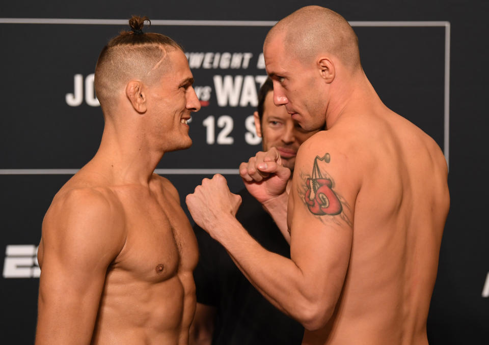 TAMPA, FLORIDA - OCTOBER 11:   (L-R) Opponents Niko Price and James Vick face off during the UFC Fight Night weigh-in at the Westin Tampa Waterside on October 11, 2019 in Tampa, Florida. (Photo by Josh Hedges/Zuffa LLC/Zuffa LLC)