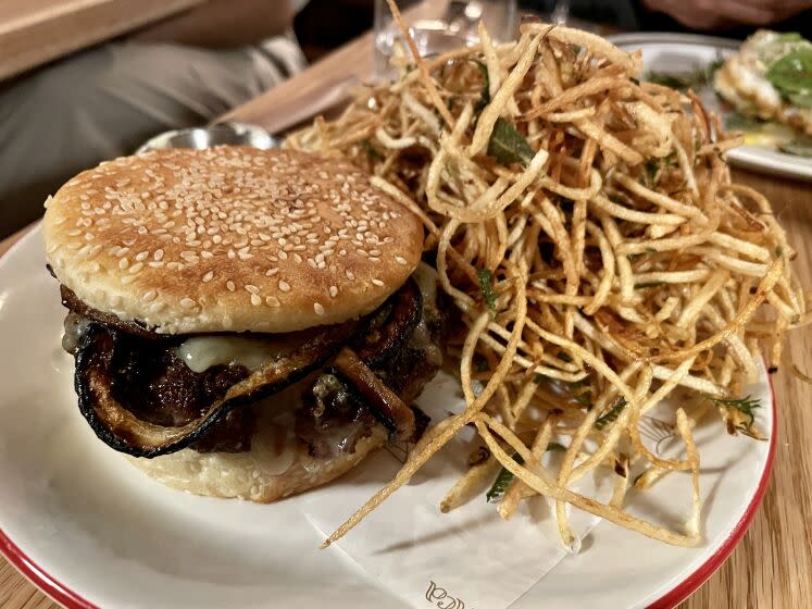 Burger with matchstick potatoes from Lingua Franca in Elysian Valley just off the L.A. River.