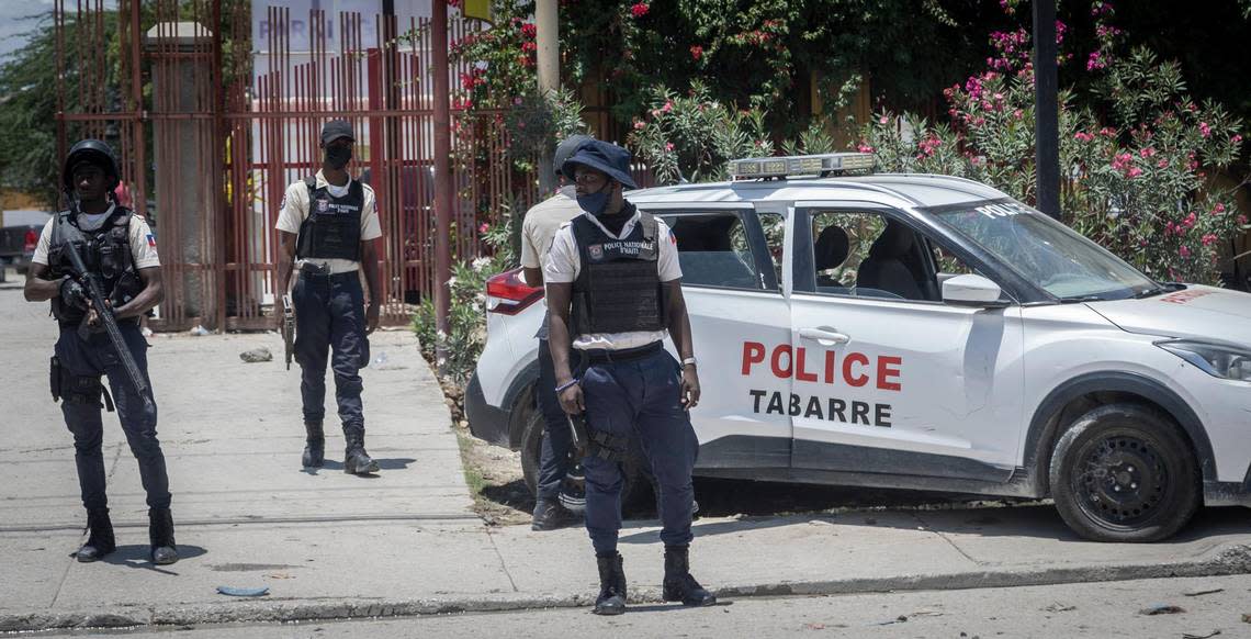 A group of young policemen at a police checkpoint near the U.S. Embassy in Tabarre on June 23, 2022.