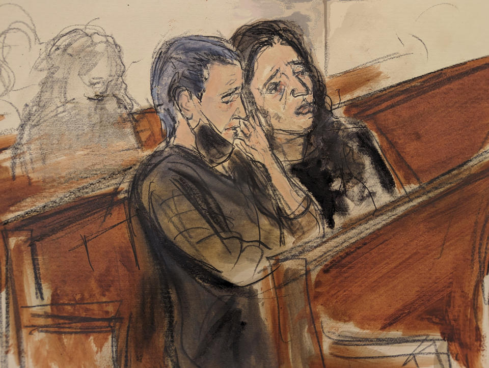 In this courtroom sketch, in federal court in New York, Thursday, Jan. 26, 2023, two unidentified members of the audience react as the verdict for Sayfullo Saipov is read. Saipov, an Islamic extremist who killed eight in a New York bike path attack was convicted of federal crimes, Thursday, Jan. 26 2023, and could face the death penalty. (AP Photo/Elizabeth Williams)