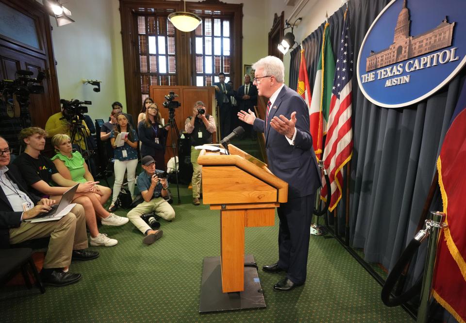 Lt. Gov. Dan Patrick speaks at a news conference about property tax relief at the Capitol on Tuesday.