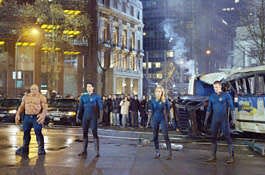 The Thing (Michael Chiklis, left), Reed Richards (Ioan Gruffudd), Sue Storm (Jessica Alba) and Johnny Storm (Chris Evans) face off against their deadly opponent in "The Fantastic Four." The latest summer popcorn flick opens this week. Courtesy photo