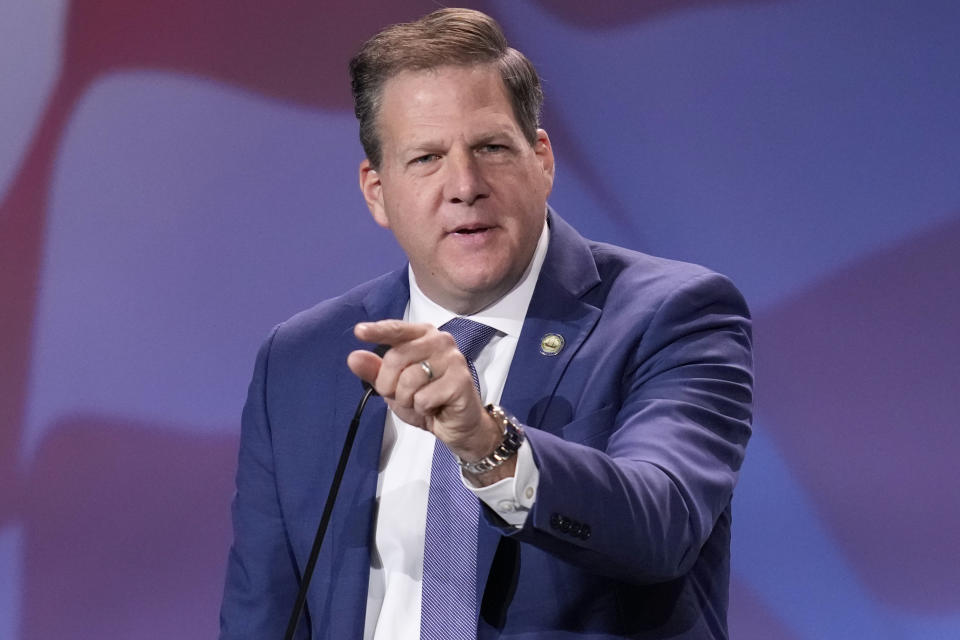 New Hampshire Gov. Chris Sununu speaks at an annual leadership meeting of the Republican Jewish Coalition Saturday, Nov. 19, 2022, in Las Vegas. (AP Photo/John Locher)