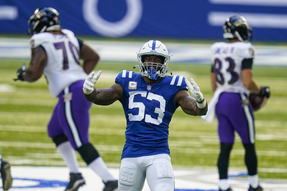 Indianapolis Colts outside linebacker Darius Leonard (53) leads his team into a huge game against the Titans. (AP Photo/Darron Cummings)