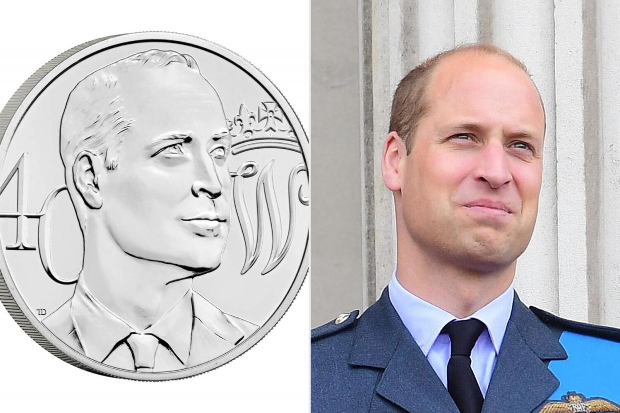 The 40th Birthday of HRH The Duke of Cambridge 2022 UK £5 Brilliant Uncirculated Coin Credit: The Royal Mint; LONDON, ENGLAND - JULY 10: LONDON, ENGLAND - JULY 10: Prince Harry, Duke of Sussex and Prince William Duke of Cambridge watch the RAF 100th anniversary flypast from the balcony of Buckingham Palace on July 10, 2018 in London, England. (Photo by Paul Grover - WPA Pool/Getty Images)