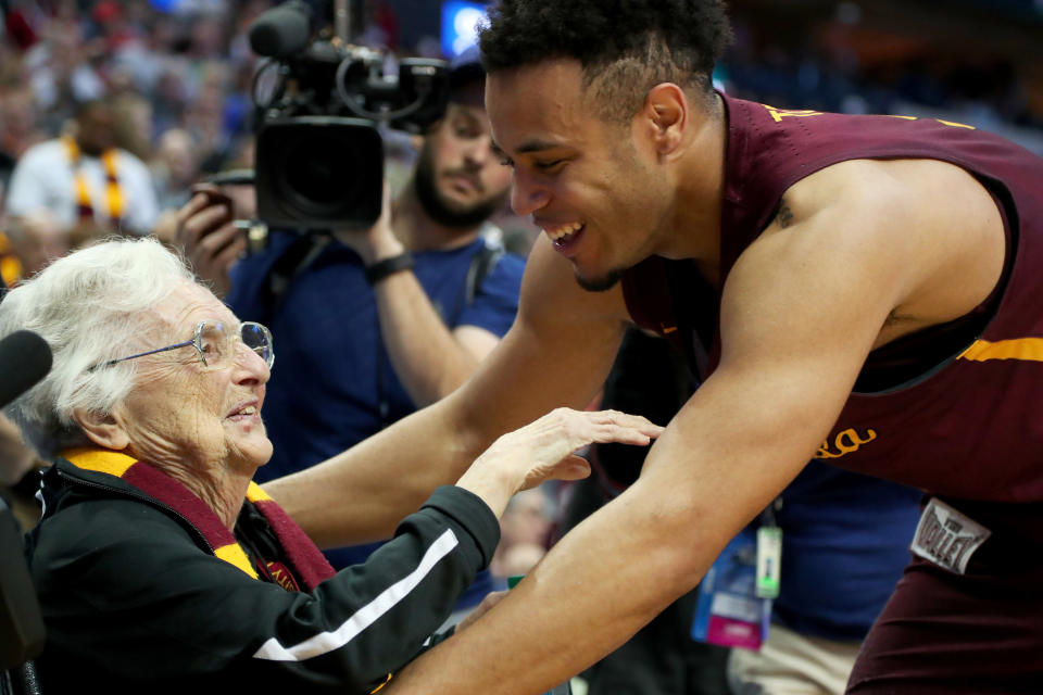 Sister Jean Dolores-Schmidt, the 98-year-old nun and team chaplain, has become the figurehead for this year’s Loyola Chicago team. (AP)