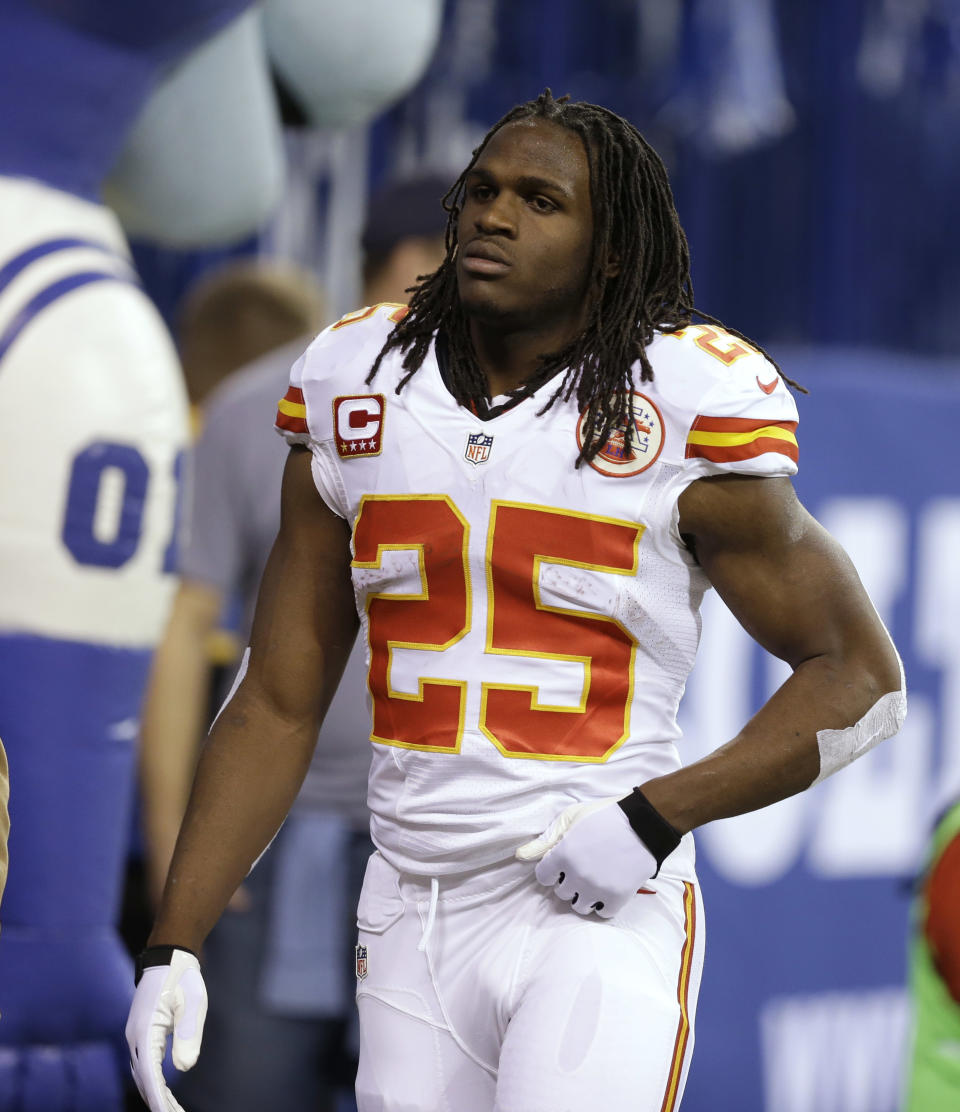 Kansas City Chiefs running back Jamaal Charles (25) walks on the sideline after being injured during the first half of an NFL wild-card playoff football game against the Indianapolis Colts Saturday, Jan. 4, 2014, in Indianapolis. (AP Photo/Darron Cummings)