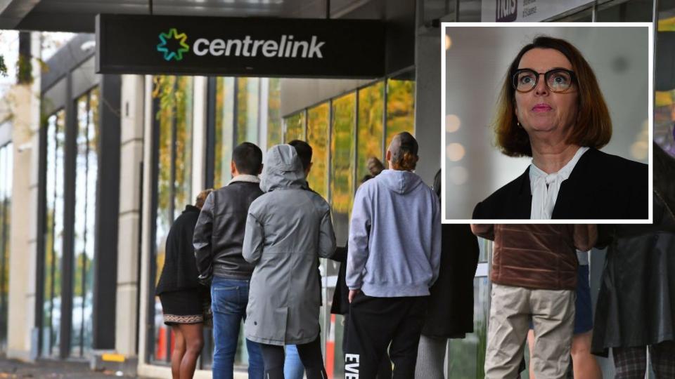 People queue outside of Centrelink centre during coronavirus. Social Services Minister Anne Ruston. Images: Getty